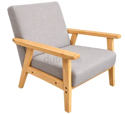 Light Wood Frame Lounge Armchair with Grey Cushions