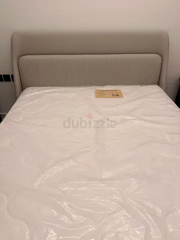 New Queen upholstered bed frame with padded headboard - light grey +  new mattress