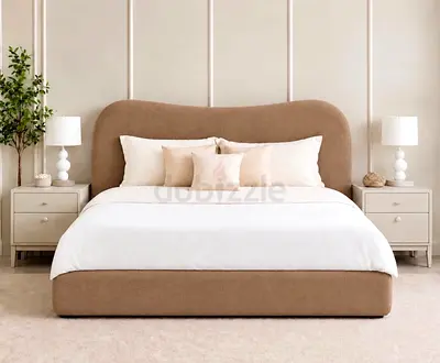 Queen upholstered fabric bed with curved headboard - beige