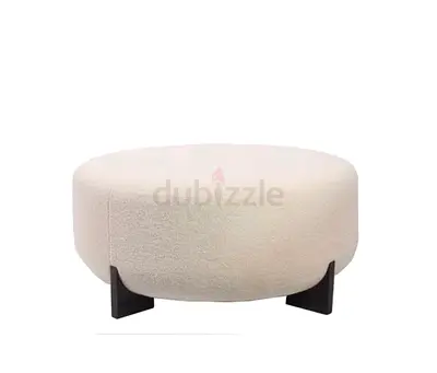 Round Cream Upholstered Ottoman/Footstool with Wooden Legs
