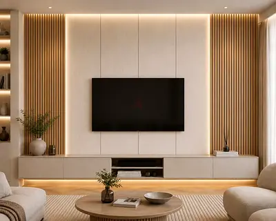 Modern wall-mounted entertainment unit with TV and floating cabinet