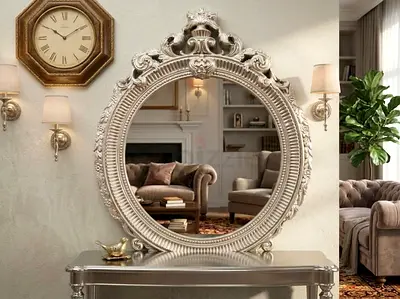 Large Ornate Round Decorative Wall Mirror (85 x 70 cm)