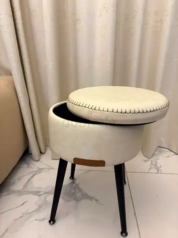Round Storage Stool with Padded Seat and Legs - Cream