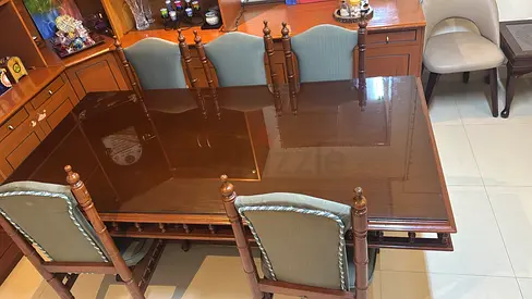 Solid Wood Dining Table with Glass Top & 5 Chairs