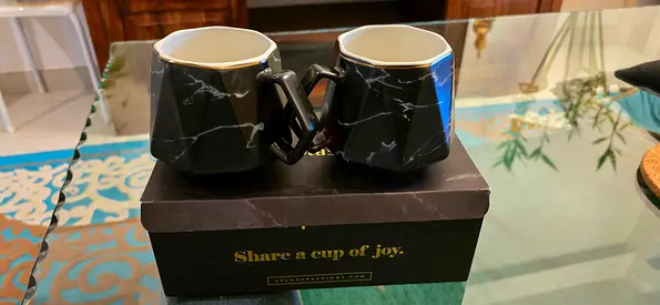 Brand New Set of 2 Geometric Black Marble Ceramic Mugs with Gold Rim