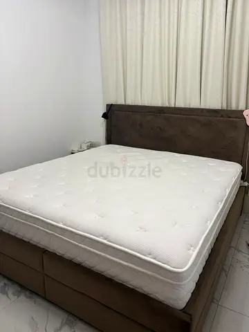 Queen size upholstered bed frame with mattress - used, good condition