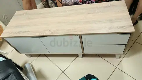 Low TV Console Cabinet - Light Wood & White, Good Condition