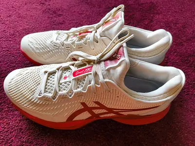 ASICS Court FF 3 Novak tennis shoes in the Cream / Classic Red