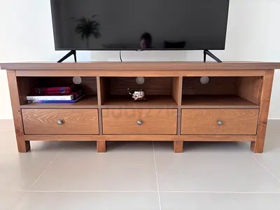Wood TV Cabinet with 3 Drawers and Open Shelves, 160cm