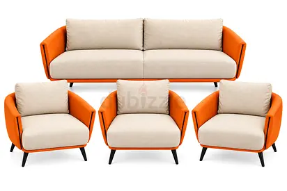 Modern Sofa Set – 1 Sofa + 3 Armchairs | Cream & Orange
