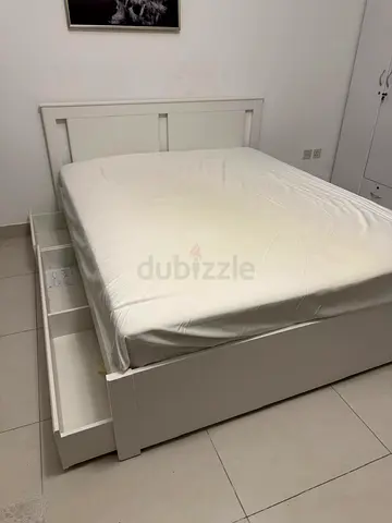 White Wooden Double Bed Frame with Under-Bed Drawers