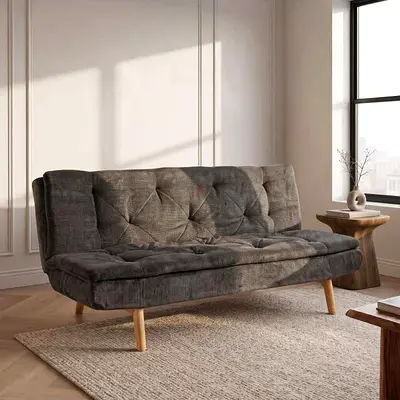 3-Seater Grey Fabric Sofa Bed with Wooden Legs
