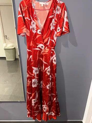TED BAKER Red Floral Maxi Dress, Size M - Light Summer Wrap Style