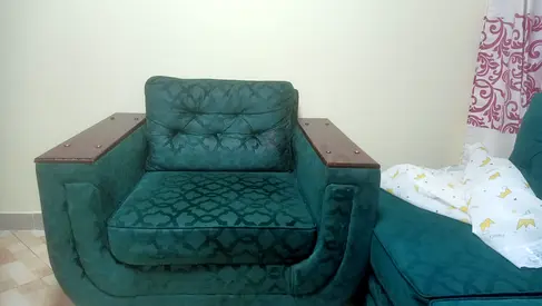 Green L-shaped Fabric Corner Sofa - Good Condition and 2 single Futons