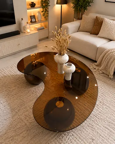 Modern brown glass kidney-shaped coffee table - smoked glass