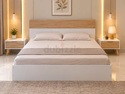 Modern Wooden Bed Frame with Headboard and Two Nightstands