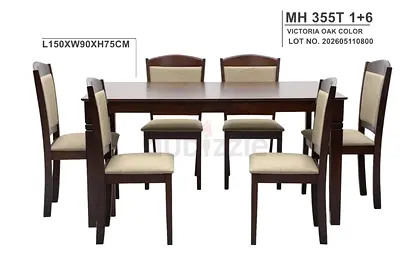 Wooden Dining Table Set - Victoria Oak, 6 Chairs (150x90x75cm)