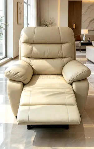 Beige Leather Recliner Armchair - Single Seater, Comfortable Sofa Chair