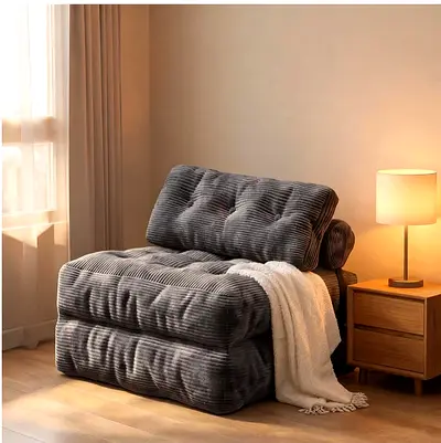 Convertible grey corduroy single sofa bed chair - compact and cushioned