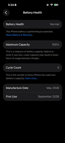 iPhone 17 Pro Max unused Battery 100 cycle 0 TDRA