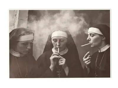 Vintage-style black & white photograph of three nuns smoking Canvas - no frame (60x40 cm.)