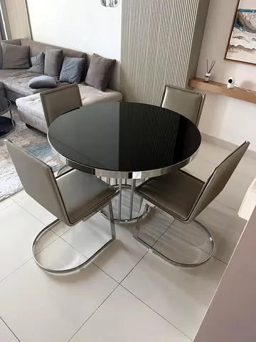 Glass Top Dining Table with 4 Modern Leather Chairs - Excellent Condition
