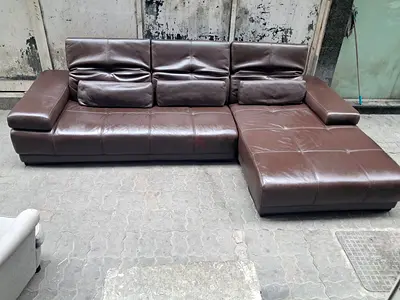 Brown L-shaped Leather Sofa with Chaise - Good Used Condition