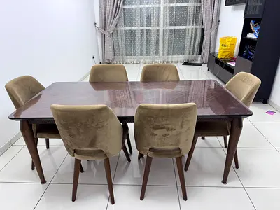 Solid Wood Dining Table with 6 Upholstered Chairs - Good Condition