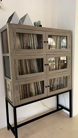 Wooden display cabinet with glass doors on metal stand - vinyl/media storage
