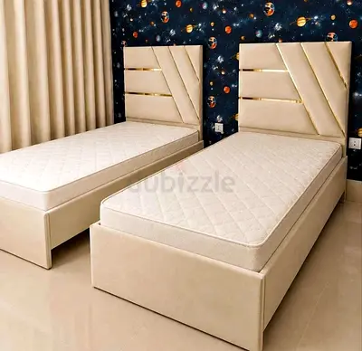 Pair of Single Beds with Headboards and Mattresses - Beige