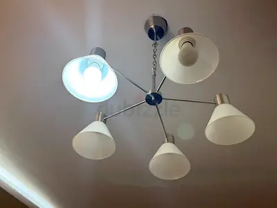 5-Arm Ceiling Light Fixture with White Shades - Good Condition