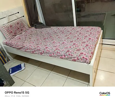 Single white wooden bed frame with medical form mattress (good condition)