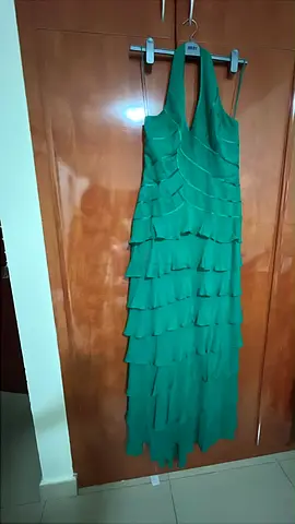 Green halter-neck layered evening dress, size maybe S-M