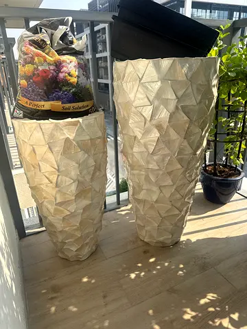 Pair of Tall Decorative Floor Vases - Textured Ivory Finish