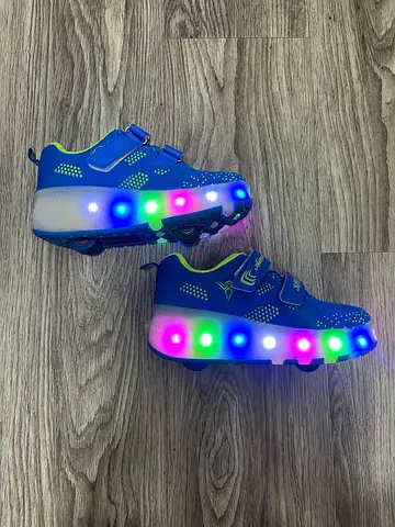 Blue kids light-up sneakers with wheels and LED soles, Size 33