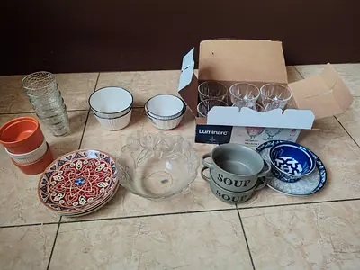 Mixed kitchenware set — bowls, plates, soup mugs, glasses  new