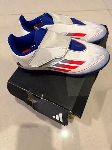 White & Blue Kids Football Boots with Box - Size Unknown, Light Use