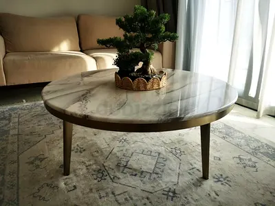 Round Marble-Top Coffee Table with Gold Legs - Modern Low Profile