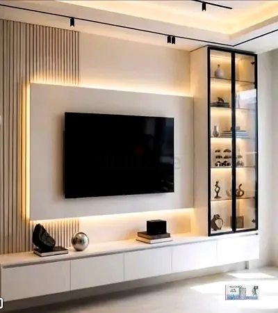 Modern TV unit with glass display cabinet and LED lighting