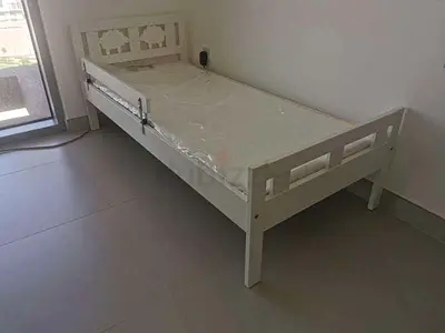 Children Single white wooden bed frame with mattress - good condition