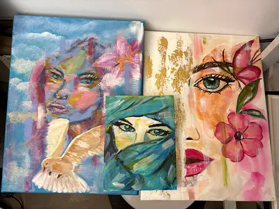Set of 3 Original Mixed-Media Portrait Paintings - Floral & Dove Themes