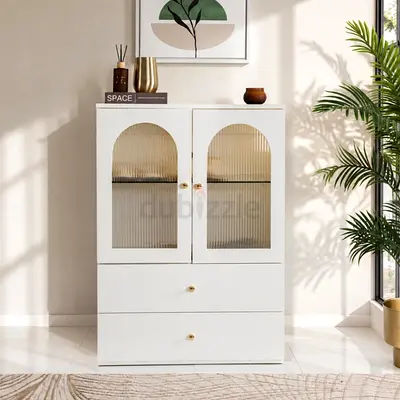 White Display Cabinet with Glass Doors and 2 Drawers - Modern Storage Cupboard