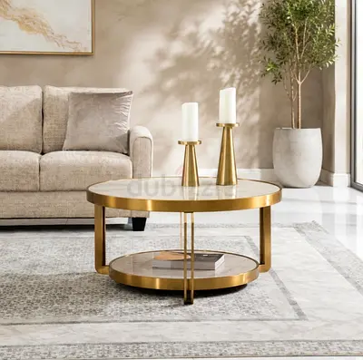 Round Gold Metal and Marble Coffee Table - Modern Center Table