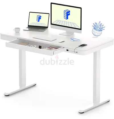 White Electric Height Adjustable Standing Desk with Drawer and USB Ports