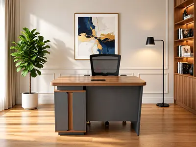 Modern Walnut Grey Office Desk – Executive Office Table with Storage Cabinet