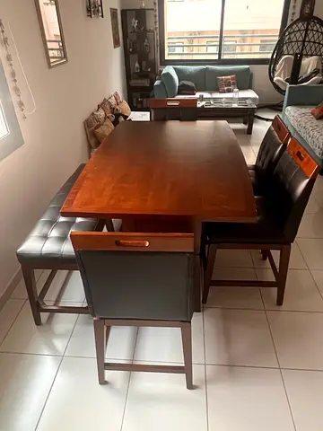 Solid wood dining table with bench seating - good condition