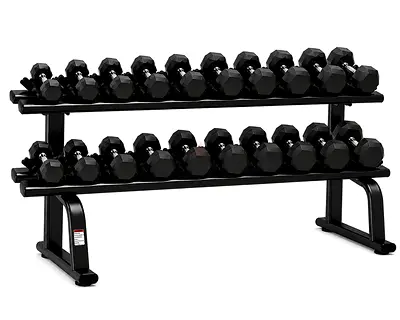 Rubber Hex Dumbbell Set 2.5kg to 25kg set with 2-Tier Rack - Various Weights