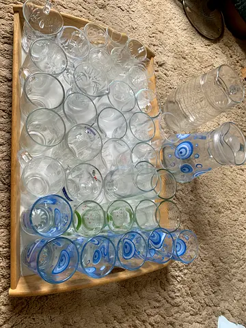 Used Glassware Set — Assorted Tumblers and 2 Pitchers on Tray