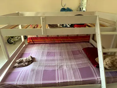 White wooden bunk bed with lower double mattress - good condition