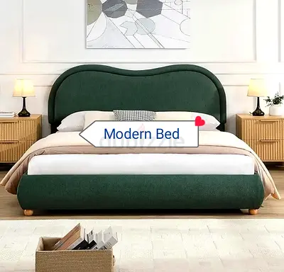 Modern Upholstered King Size Bed with Curved Headboard - Green